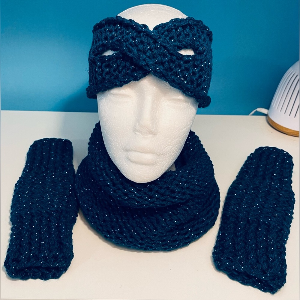 Handmade Hand Crafted Knit Headband Cowl Fingerless Gloves 3 piece Set - Picture 8 of 9